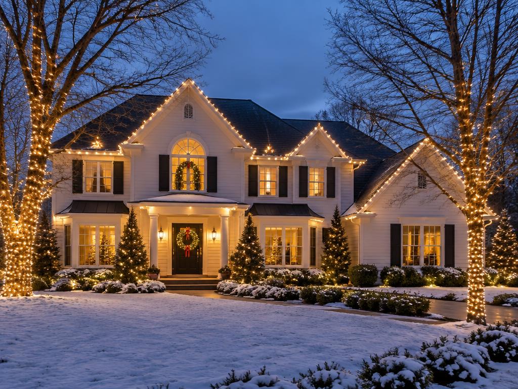 Classic white home with warm Christmas lights and light-wrapped trees
