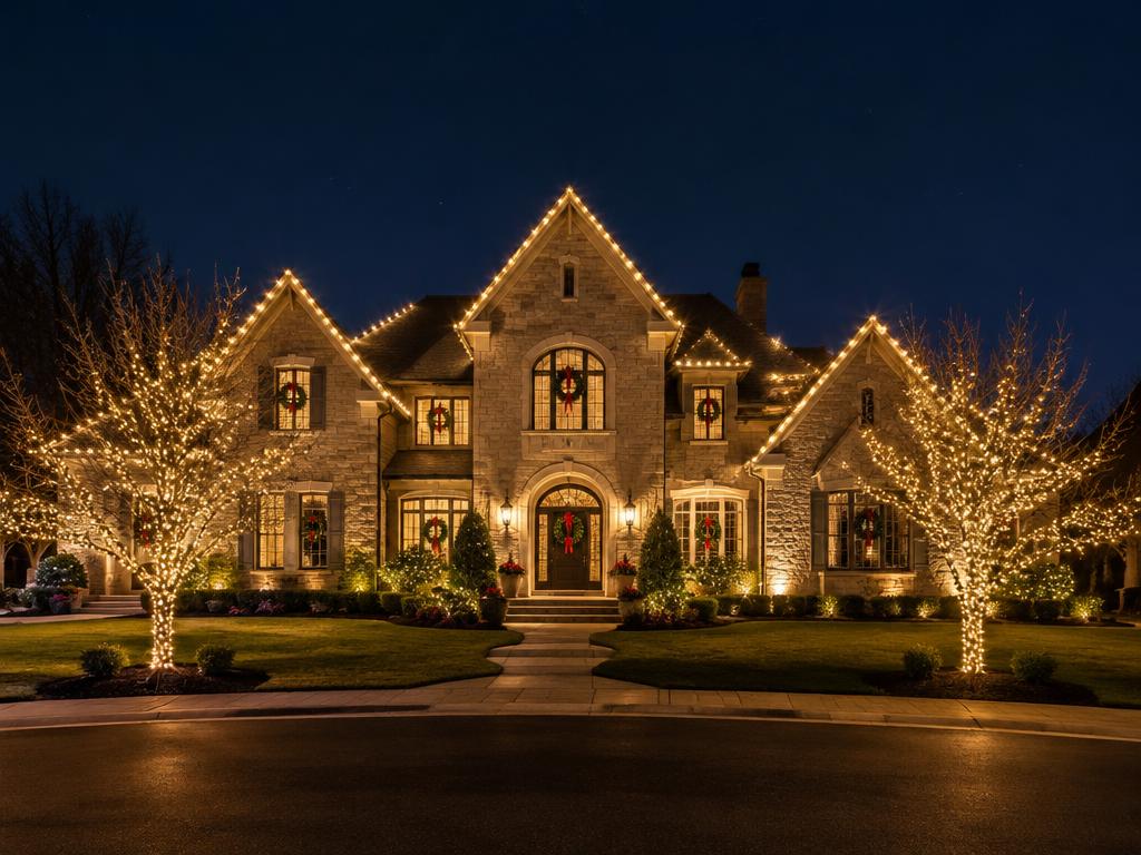 Stone estate with lit rooflines, wreaths and sparkling trees